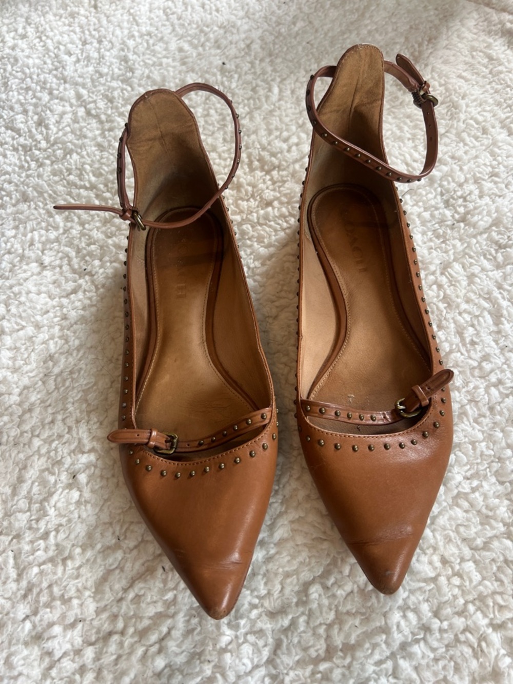 Coach Cognac Pointed-Toe Ankle-Strap Flats